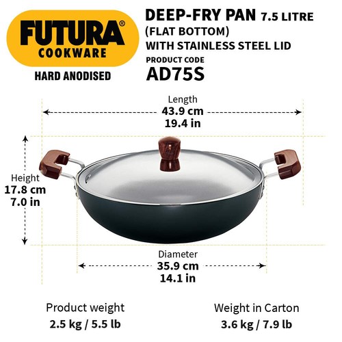 Futura Pentola Anodizzata Dura 7,5 Ltr 36 cm Kadai/Wok/Friy Fondo Piatto con Coperchio - Foto 5 di 9