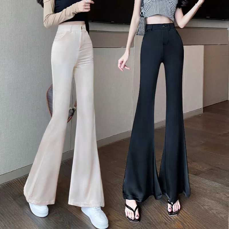 Ladies Faux Ice Silk Slim Fit Flared Trousers Fashion High Waist Buttons  Pants