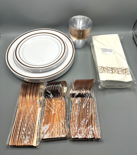 Disposable Dinnerware Set for 15, 105 pcs. Rose Gold - Picture 3 of 9