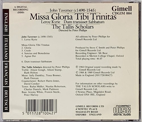 The Tallis Scholars - John Taverner: Missa Gloria Tibi Trinitas CD 1984 *Mint* - Picture 2 of 3