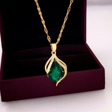 Womens Necklace Green Drop Pendant 18K Gold Plated Stainless Steel Chain Jewelry