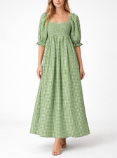 Faithfull The Brand Lilou Smocked Maxi Dress Womens 4 Green Gingham Cottage Boho