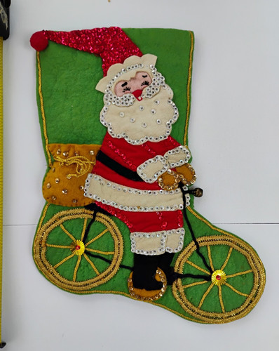 Bucilla Santa Claus Bicycle Christmas Stocking Embroidered Sequins Beaded Done