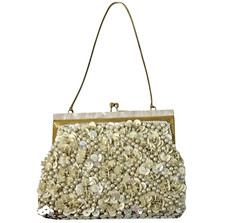 VTG Ivory Beaded Evening Purse Mother of Pearl Handle Clasp Formal Bag Hong Kong