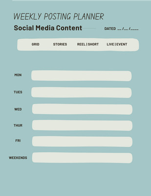 Digital Weekly Social Media Content Calander PDF Downloadable and Printable