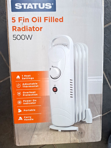 STATUS 5 Fin Oil Filled Radiator 500W White Portable Heater, Overheat Protection