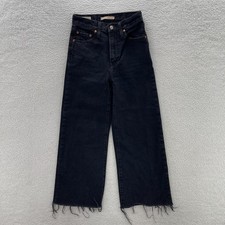 Levis Ribcage Wide Leg Jeans Womens 24 Black Premium Denim Cropped Raw Hem Y2K