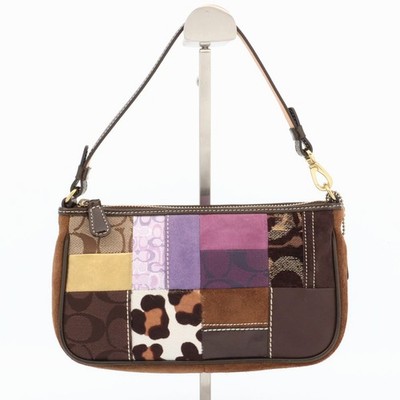 COACH Patchwork Signature Handbag Accessory Pouch Suede Brown
