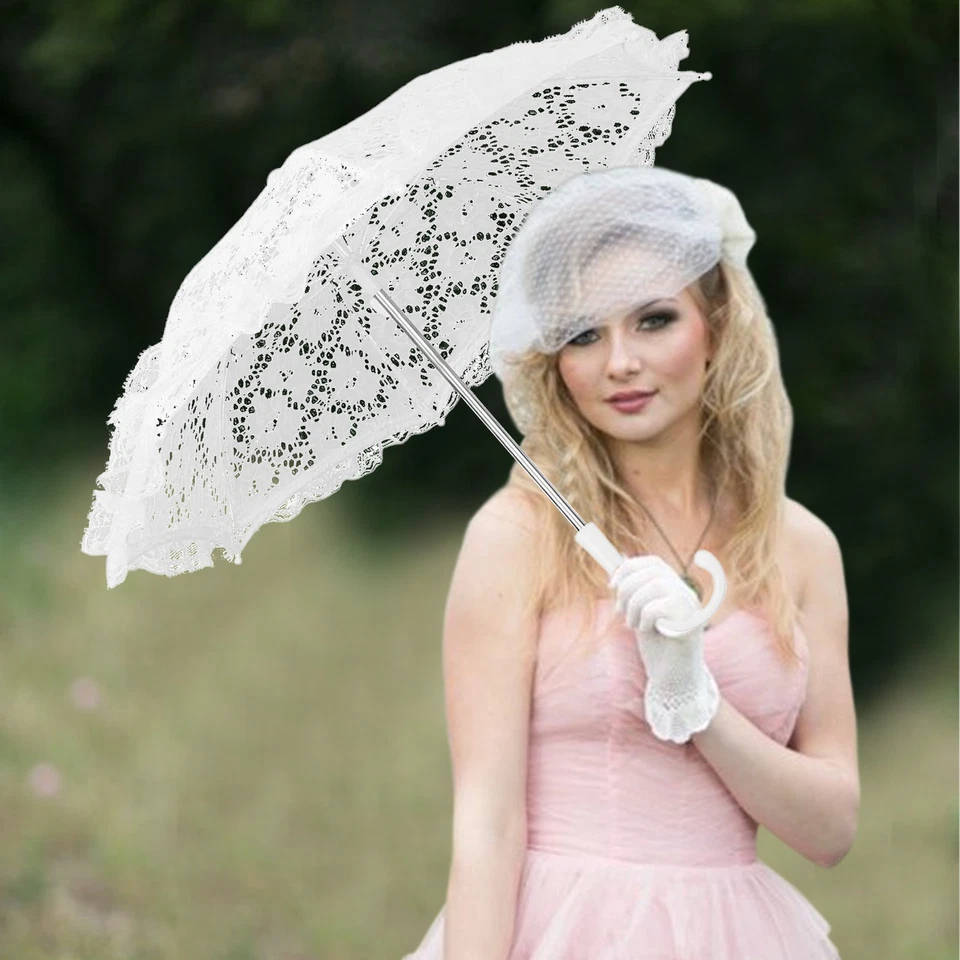 1x Paraguas Nupcial Encaje Bordado Blanco Beige Sombrilla Boda Fiesta Foto utilería Foto 2 de 4