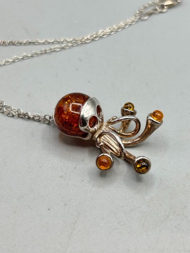 Collana ciondolo polpo argento sterling e ambra argento 925 vera ambra gioiello - Foto 4 di 13