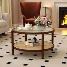 32 Inch Modern Bohemian Round Coffee Table with Tempered Glass Top & Solid Wood