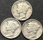 1943 1944 1945 MERCURY 90% SILVER DIME LOT 3 pcs