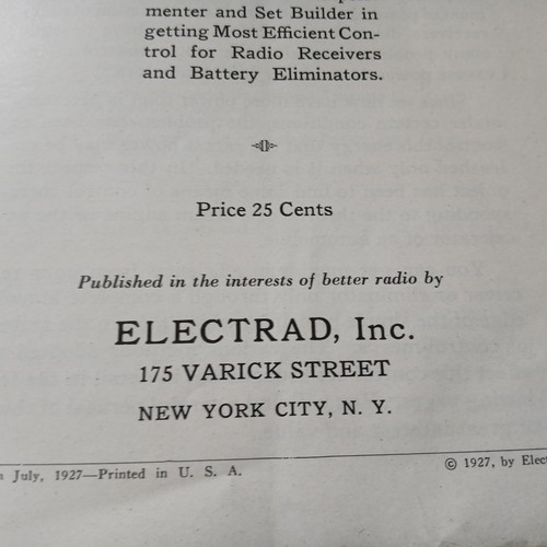 THE ELECTRAD CONTROL MANUAL VOLTAGE CONTROL RADIO RECIEVER FIRST EDITION 1927 - Picture 8 of 13