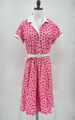 Unique Vintage Alexis Hot Pink Heart Belted Collared Button Up Swing Dress Sz XL