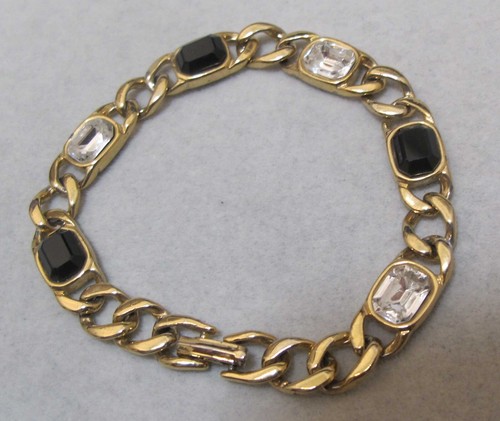 Vintage schwarz & klar Smaragdschliff Strass goldfarben Panzerkette 7" Tennisarmband - Bild 4 von 13