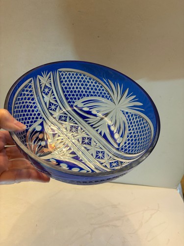 Cobalt Blue Cut To Clear Crystal Bowl, 8 1/8" across, Gorgeous! Czech/Bohemian - Picture 12 of 16