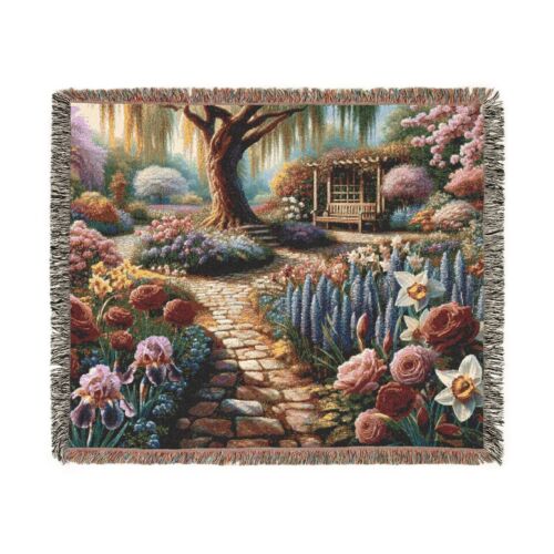 Garden Path Floral Tapestry Woven Throw Blanket, Home Flowers Art Textile - Picture 9 of 12