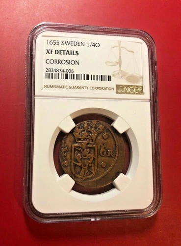 1655 SWEDEN 1/4 O NGC XF DETAILS CORROSION
