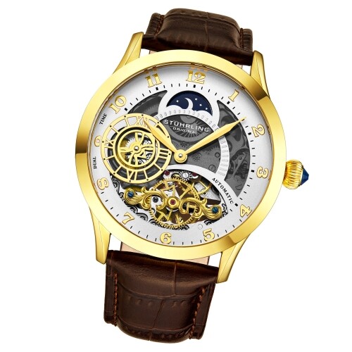 Stuhrling 925 02 Radiante Esqueleto Automático Am Pm Marrón Reloj Hombre de Piel - Imagen 2 de 7