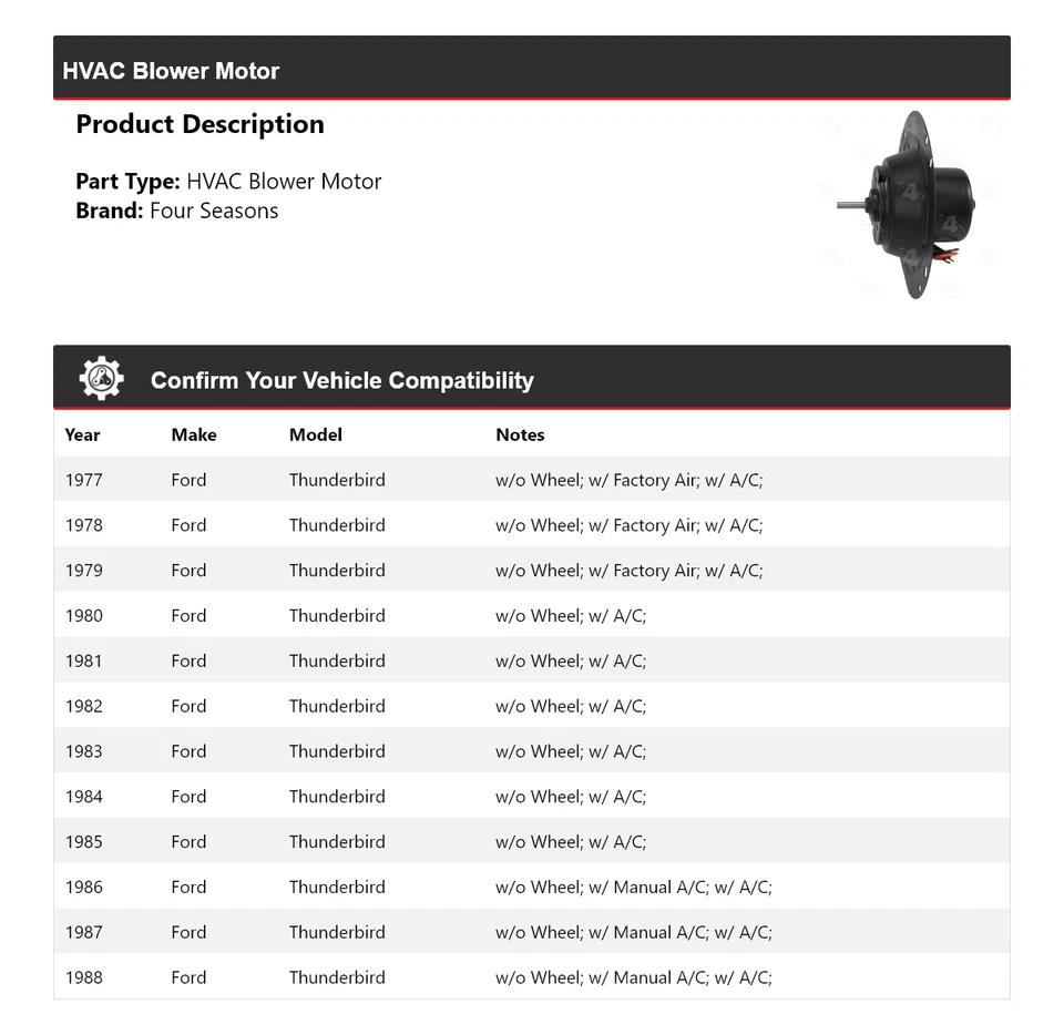 Motor soplador de climatización para Ford Thunderbird 1977-1988 4 estaciones 1978 1979 1980 1981 Foto 2 de 4