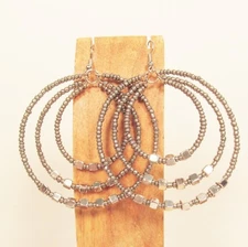 2" Silver Color Triple Hoop Bohemian Bling Handmade Bali Seed Bead Earring