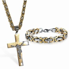 Mens Stainless Steel Gold Silver Necklace Jesus Cross Pendant Chain Bracelet Set
