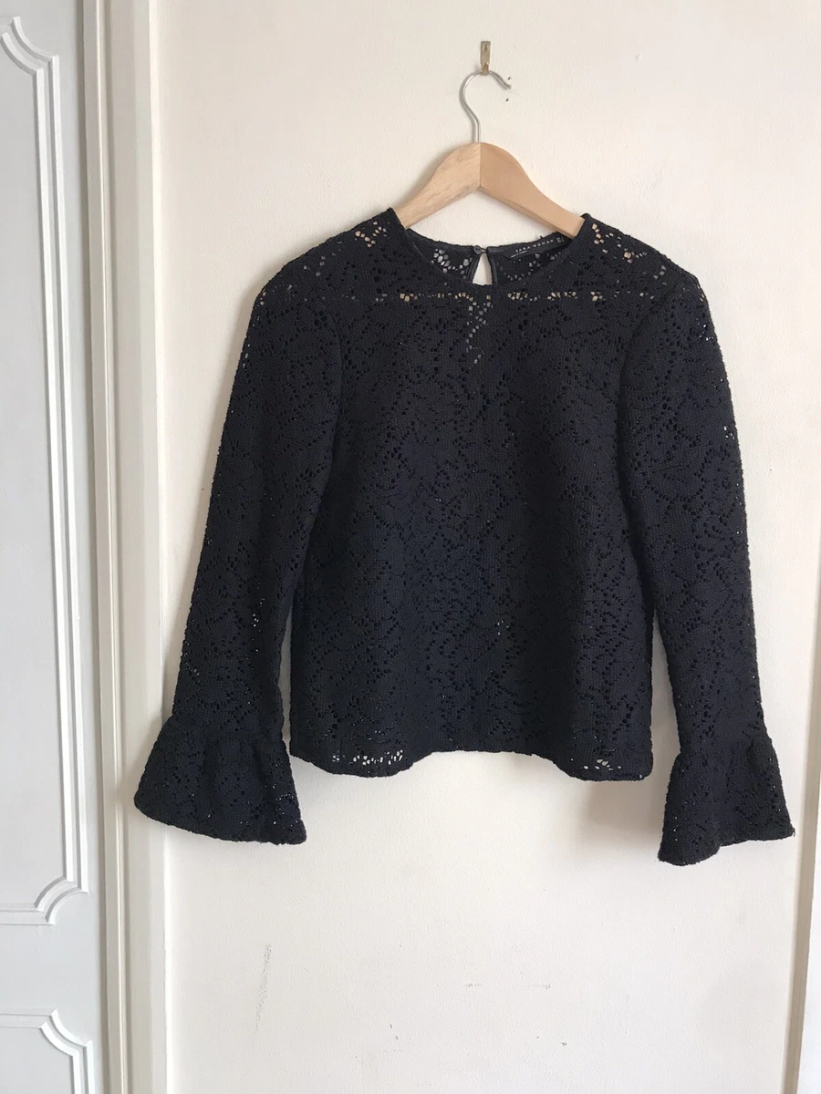 Ladies Top Blouse Crochet Zara Women Long Sleeve Black Size S