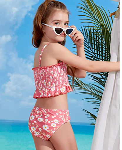 SHEKINI Maillot De Bain Deux Pièces Fille Épaules Asymétriques Mignon Avec Volants - Tankini Bikini Plage 6-14 Ans