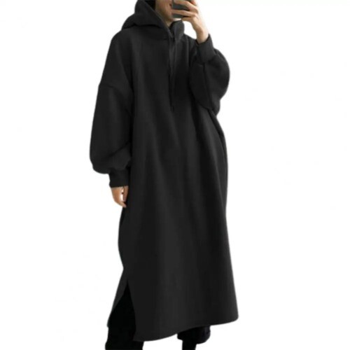Oversized Hoodie Dresses rregular Hem Polyester Drawstring Hooded Sweatshirt - Picture 3 of 28