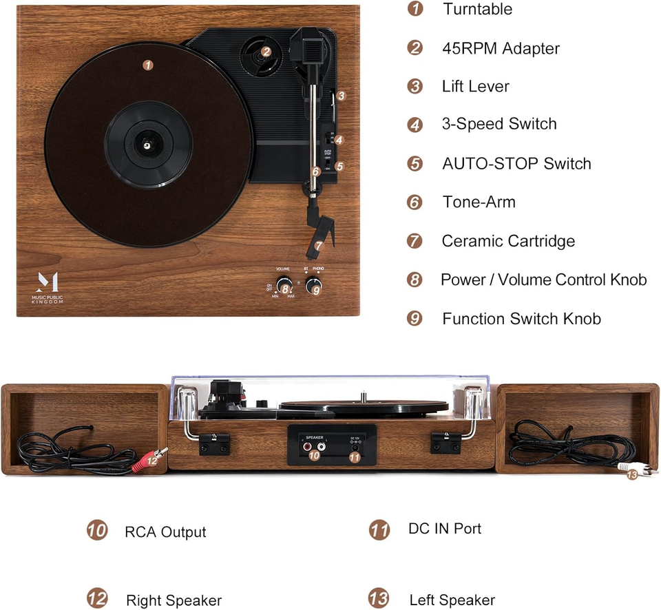 Platine Vinyle Bluetooth MPK S450 - Système Hi-Fi Avec 2 Haut-parleurs, 3 Vitesses, Look Vintage Noyer