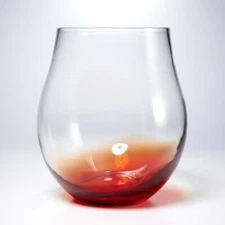 Amber Red Orange Art Glass Lg Stemless Wine Form Bulbous Fish Bowl Vase 10.5" B