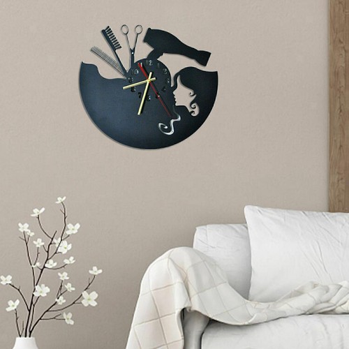 Orologio da parete parrucchiere salone di bellezza nero silenzioso senza ticchettio per barbiere negozio art DE - Foto 8 di 17
