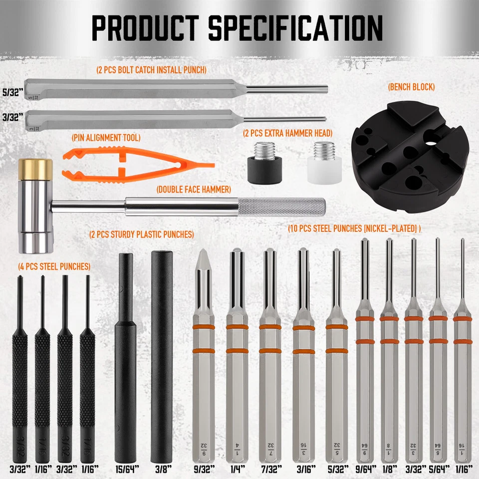 Juego de martillos y punzones de plástico de acero y latón 23 piezas estuche de mantenimiento de armería Foto 4 de 4