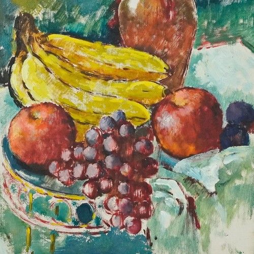 Vintage Mid Century Fruit & Paint Brushes Still Life Oil Painting on Canvas - Picture 4 of 6