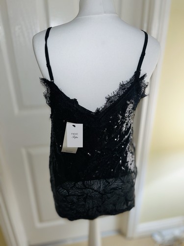 NEXT STUNNING BLACK SEQUIN & LACE STRAPPY CAMI TOP WITH LINING - SIZE 12 - Picture 5 of 11