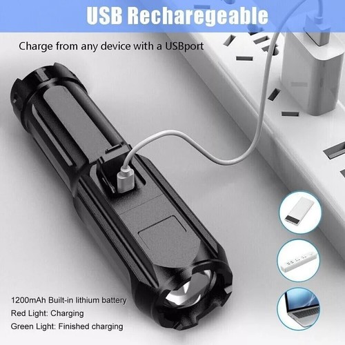 Rechargeable Super Bright LED Tactical Flashlight USB Work Light Torch Zoomable - Picture 7 of 9