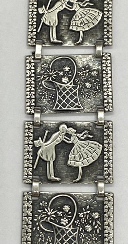 Vintage Sterling Silver Romantic Panel Link Bracelet 7.1/4 x 0.7/8” 30.81g - Picture 4 of 12