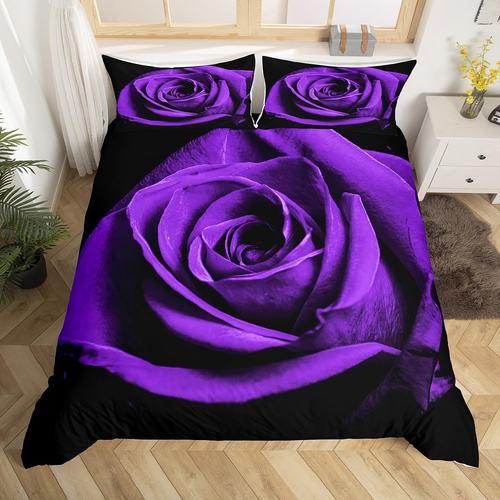 Purple Rose Comforter Cover Queen Size Floral Bedding Set Women 3D Printed Flowe - Picture 10 of 12