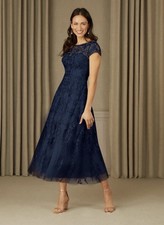 Azazie Navy Blue Lace A-Line Midi Dress Size 12 Tea Length Wedding Garden Party
