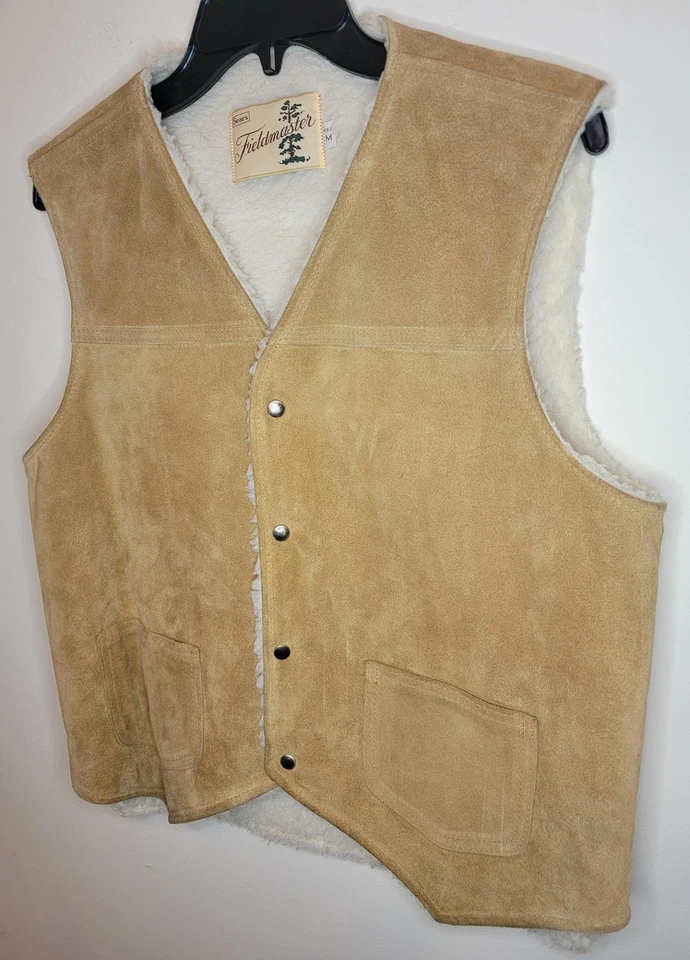 Vintage Sears Fieldmaster Vest Mens Medium Tan Suede Sherpa Lined Western 70s - Image 4 of 4