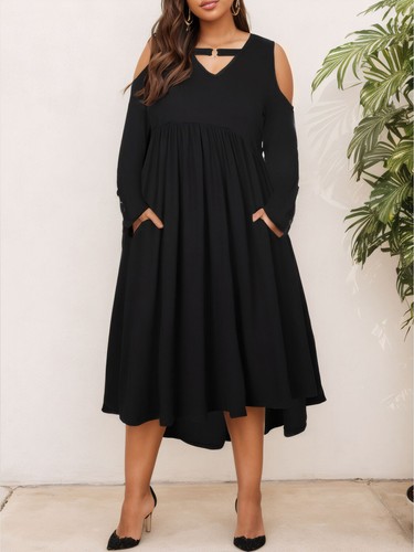Plus Size Women Gothic Cold Shoulder Midi Dress Pockets Ruffle Swing Party Dress - Picture 16 of 16