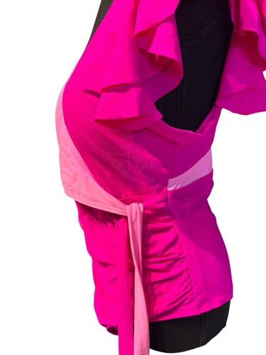 Women’s XL One Piece Hot Pink Two Tone Flutter Sleeve Side Tie Bathing Suit New - Picture 4 of 7