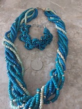 Set Faux Turquoise Beaded Necklace 5 Strands Chunky Braided Beaded Bracelet
