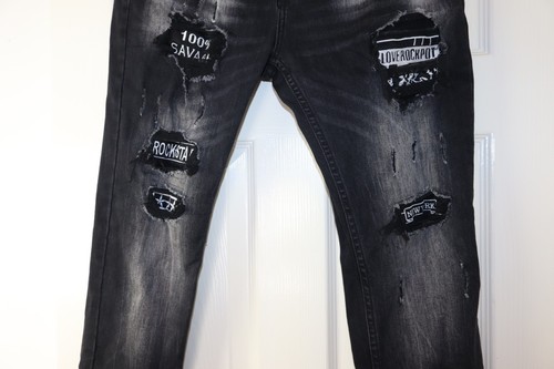 Leeyo Mens Black Distressed Ripped Slim fit Jeans W34 L28.5 Punk Rock VGC - Picture 3 of 12