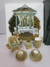 Miniature Tea Set Wicker Furniture Garden Gazebo Popular Imports Polystone Resin