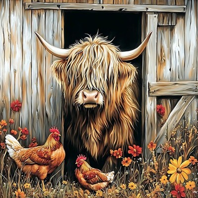 Wandbild Highland Kuh Stall Hühner Bauernhof Deko Bild Tiere Wanddeko Wandfliese