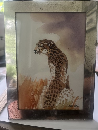VTG Silver FRAMED Small ORIGINAL Water color, painting CHEETAH STILL LIFE SIGNED