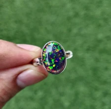 Solid 925 Sterling Silver Black Opal Ring Handmade Ring Women Promise Ring Gift