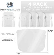 Salon World Safety Clear Face Shields with Glasses Frames (4 Pack) - Anti-Fog