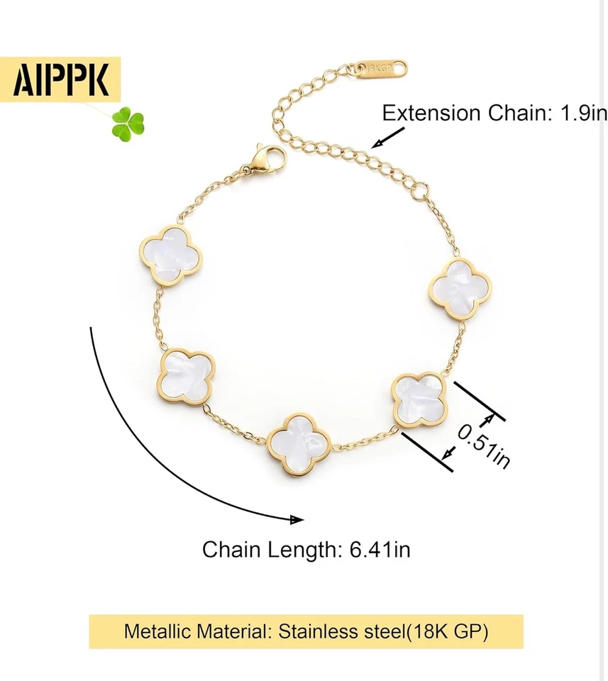 Pulseras de eslabones de cuatro hojas de trébol enchapado en oro de 18 quilates blancas Foto 2 de 3